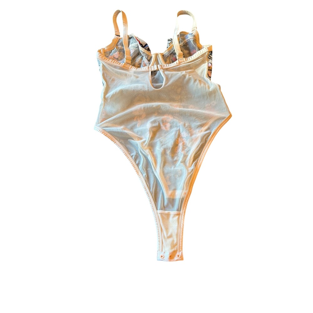 Playful Promises Bodysuit Cream Floral Embroidered Sequin Underwire Mesh 32G - Picture 4 of 6